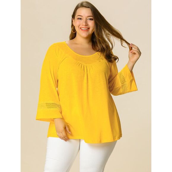 Women's Plus Size Crochet Panel Kimono Raglan Sleeves Tops Yellow - Picture 2 of 6